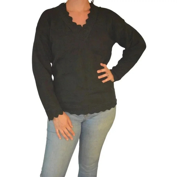 Big City Black 100% Cotton Women's Sweater With Knit Pattern & Scalloped Edges M - Picture 1 of 7